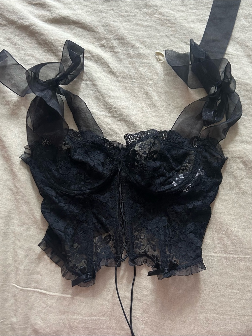 Sheer Lace Bustier Crop Top - Black